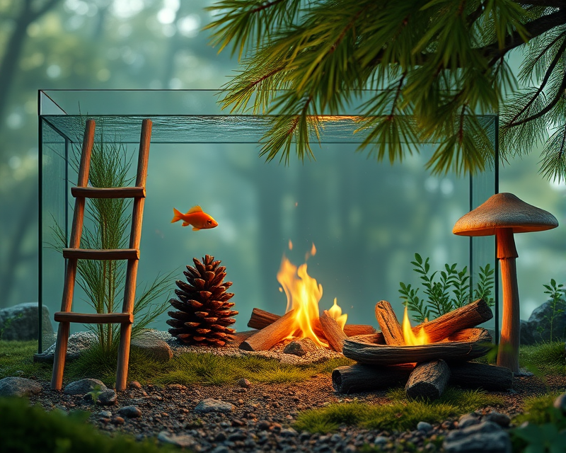 fish tank, ladder, pinecone, mushroom, campfire